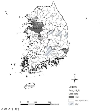 15세 미만 아동 비율 Getis-Ord Gi* 분석 결과