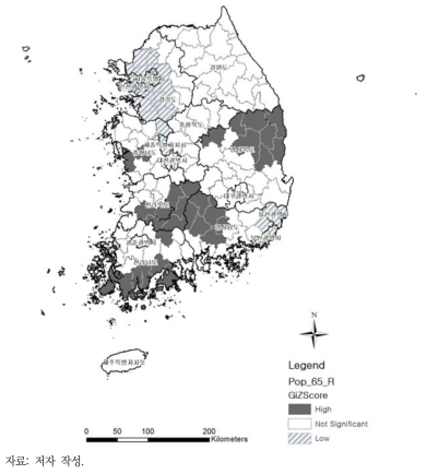 65세 이상 노인 비율 Getis-Ord Gi* 분석 결과