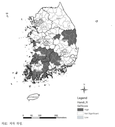 장애인 비율 Getis-Ord Gi* 분석 결과