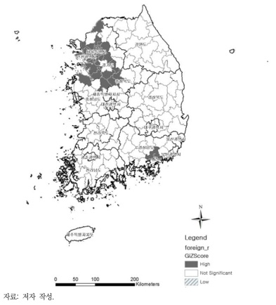 외국인 비율 Getis-Ord Gi* 분석 결과