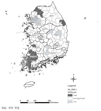 편부모가정 가구원 수(부+미혼자녀) 비율 Getis-Ord Gi* 분석 결과