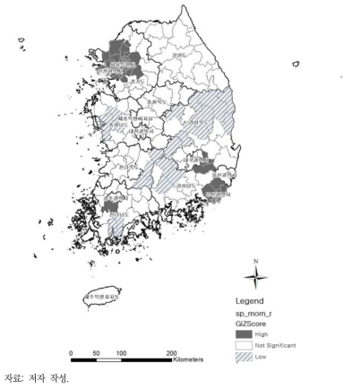 편부모가정 가구원 수(모+미혼자녀) 비율 Getis-Ord Gi* 분석 결과