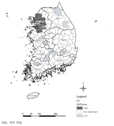 기관, 기관지 및 폐의 악성신생물 사망자 수 Getis-Ord Gi* 분석 결과