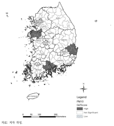 PM10 배출량 Getis-Ord Gi* 분석 결과