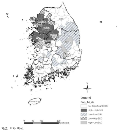 15세 미만 아동 비율 Local Moran’s I 분석 결과