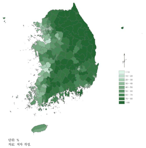 전국 산림녹지 비율 분포