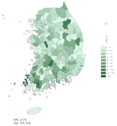 전국 1인당 공원녹지 면적 분포