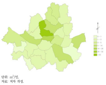 1인당 공원녹지 면적 분포(서울시)