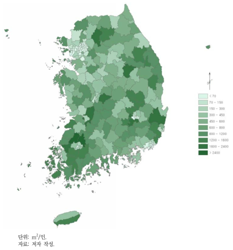 전국 1인당 용도지역상 녹지지역 면적 분포