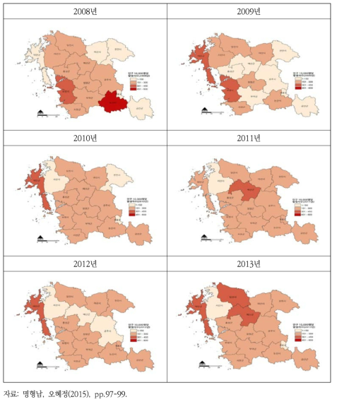 충남의 연도별 인구 10,000명당 천식 유병률 분포(2008~2013)