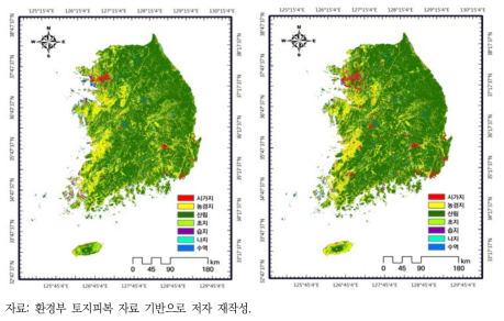 토지피복 변화(좌:1980년대 말, 우:2000년대 말)