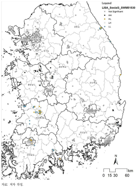 사회성 변수에 대한 탐색적 공간자료분석(ESDA) 결과(Local Moran’s I)