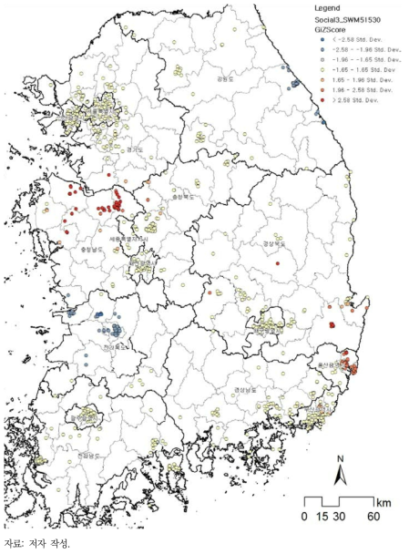 사회성 변수에 대한 탐색적 공간자료분석(ESDA) 결과(Getis-Ord Gi*)