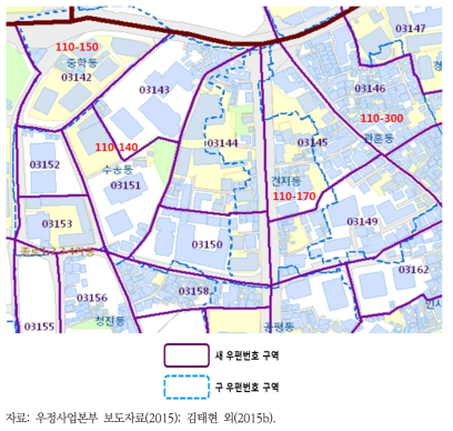 신·구 우편번호 구역도 대비