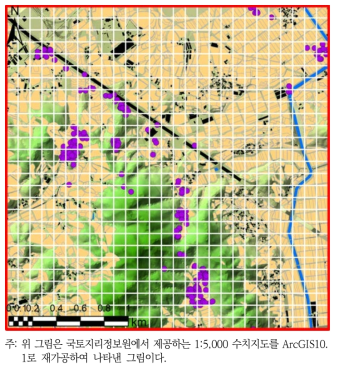 A지역을 격자로 나타낸 지도