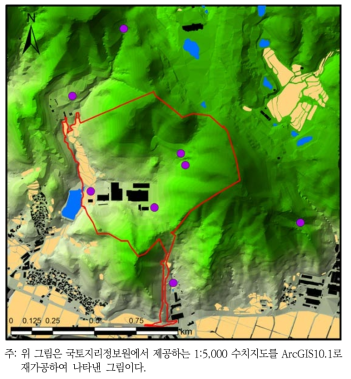 A지역 삵 흔적과 지형도