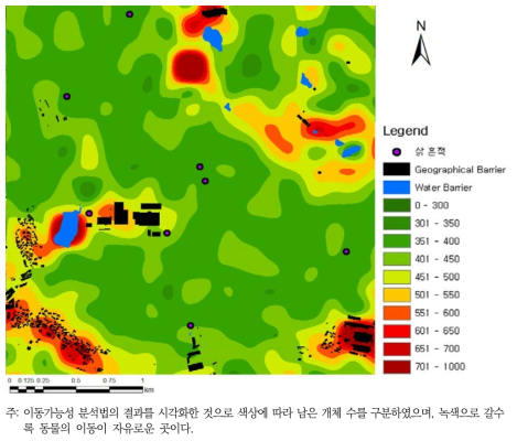 A지역 삵 이동가능성 지도(Permeability Map)