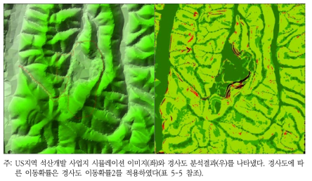 US지역 석산개발사업 시뮬레이션 이미지(좌)와 경사도 분석결과(우)2