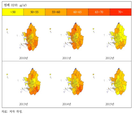 2010~2015년 수도권 PM10 농도