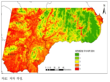 북한 지역 종속변수 교집합의 자연환경성 우수지역