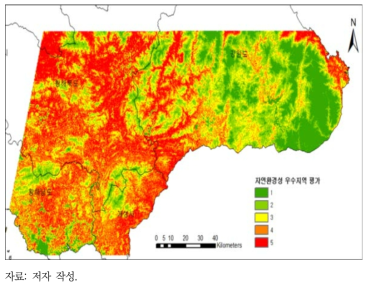 북한 지역 종속변수 합집합의 자연환경성 우수지역