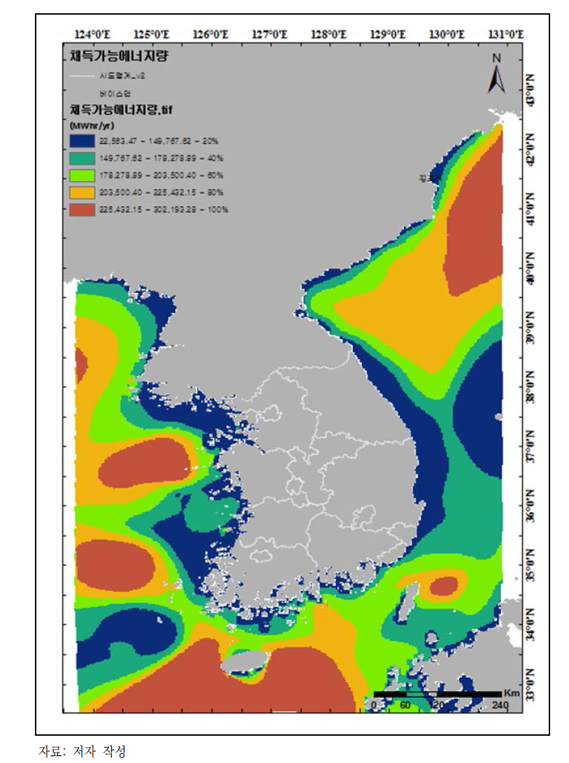 우리나라 전역의 해상풍력 체득가능 에너지양