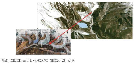 잠재적인 GLOF 발생 가능 지역의 인공위성 이미지 (부탄 Lunana 지역)