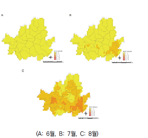 서울시 2010년 지역별 일평균 기온이 28.1℃ 이상 일수