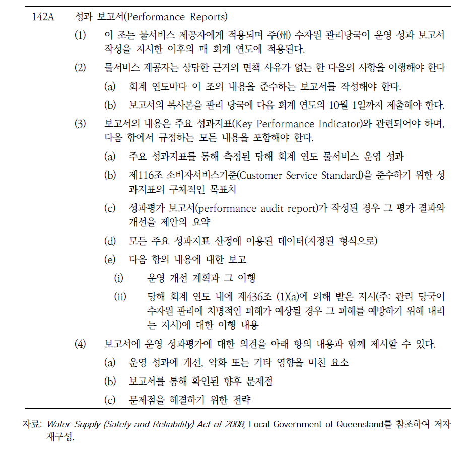 물 공급의 안전성과 신뢰성에 관한 법(Water Supply Safety and Reliability Act 2008) 중 운영실적 보고 관련 조항