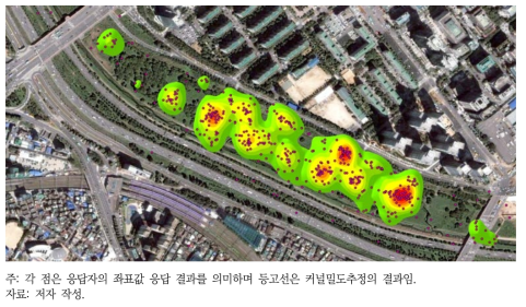 “즐겨 찾는 장소”의 공간매핑 결과(생태공원 중심부)