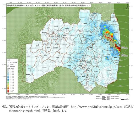 후쿠시마 현 전역의 공간선량률 지도(8회차 조사: 2015년 5-6월 현재)