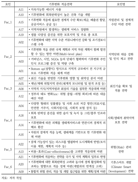 기후변화 적응 전략의 요인분석결과와 요인명