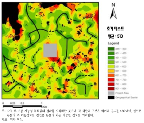 이동 가능성 분석법(사업 후)의 결과 동물 이동 가능성 지도(Permeability Map, AS2 지역)