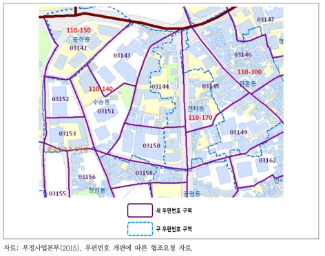 신･구 우편번호 구역도 대비