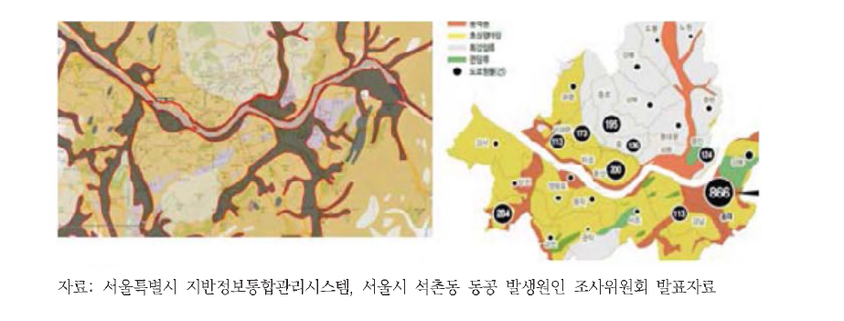 서울시 지질도 중 충적층 분포 및 싱크홀 발생 건수