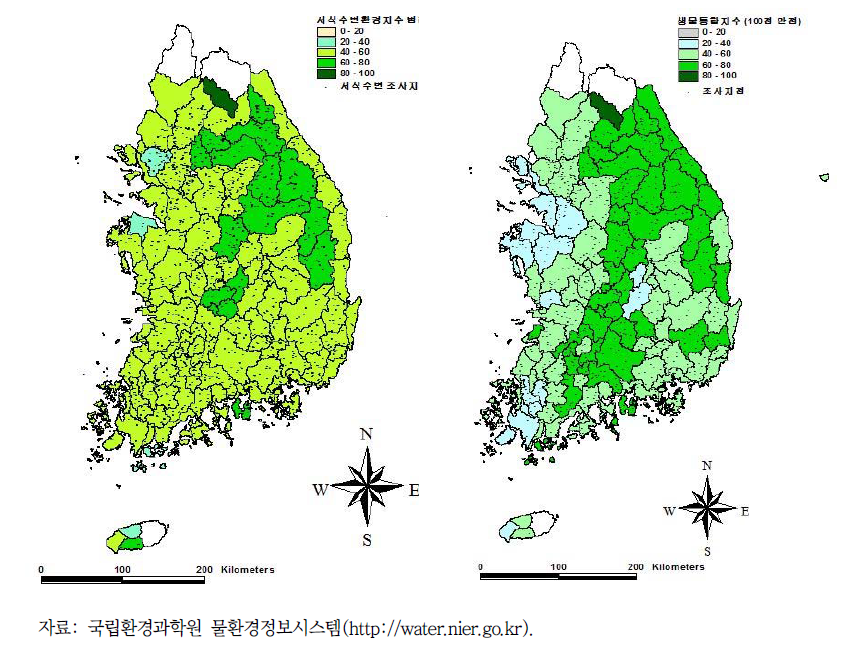 2012년 서식수변환경지수(HRI)와 생물통합지수(IBI)