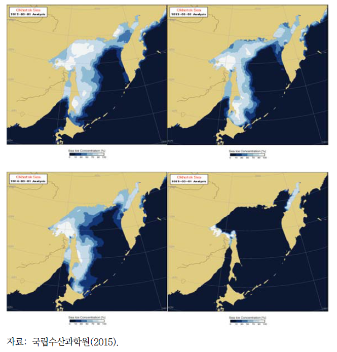 3월 초순 오호츠크 해의 결빙 분포(왼쪽 위 2012∼2015년)