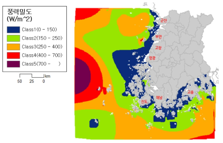 서남해안 해역 풍력밀도 산정결과