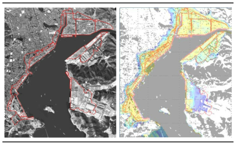 마산만 해양 매립지역(좌)과 범람도와의 중첩(우)