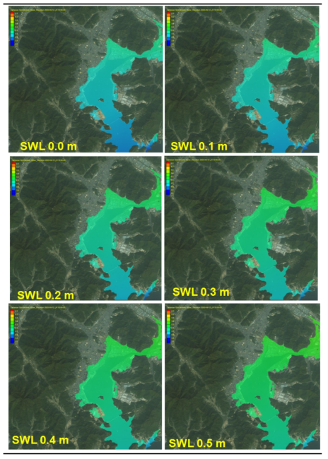 CMS 범람역 및 수위계산 결과(해수면 상승량 0~0.5m)