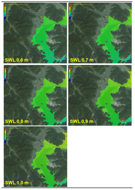 CMS 범람역 및 수위계산 결과(해수면 상승량 0.6~1.0m)