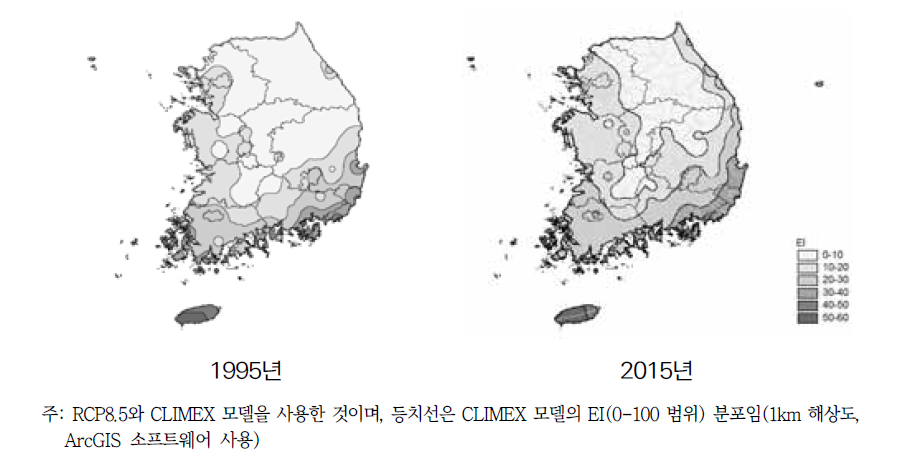 기후변화에 따른 1995년과 2015년 솔수염하늘소(M. alternatus)의 생장가능지역 변화 예측