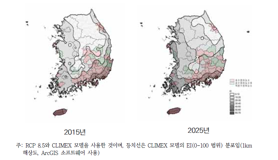 솔수염하늘소(M. alternatus)에 의한 소나무재선충병의 발생지역(2015년 현재까지)과 기후변화에 따른 2025년 솔수염하늘소의 생장가능지역