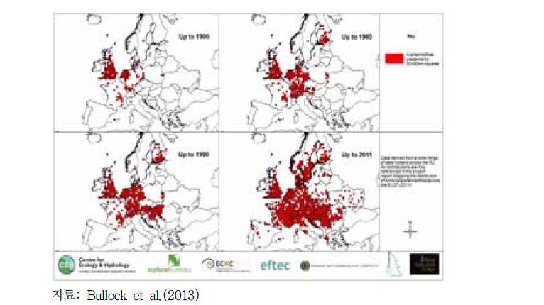 1900-2011년 기간 중 돼지풀의 유럽 분포