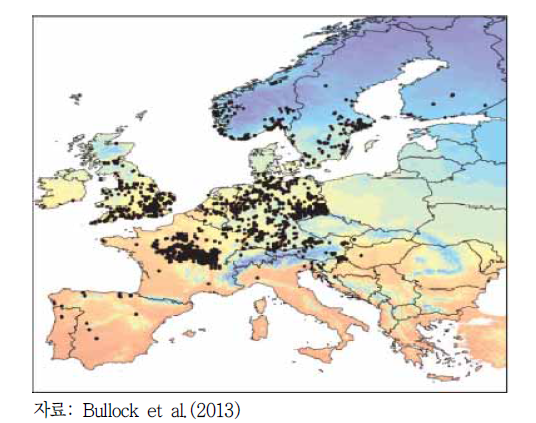 GBIF Database에 의한 돼지풀의 유럽 분포