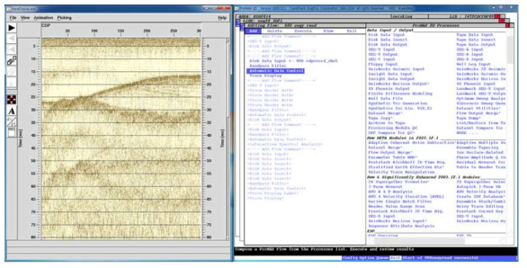 The commercial software ProMAX for seismic data processing(right) and the seismic section which is processed with ProMAX(left)