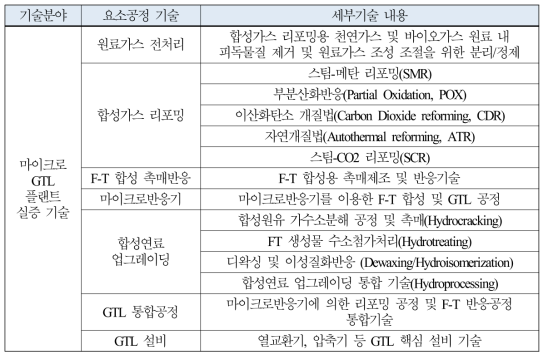 마이크로 GTL 플랜트 실증 요소공정 기술트리 및 내용