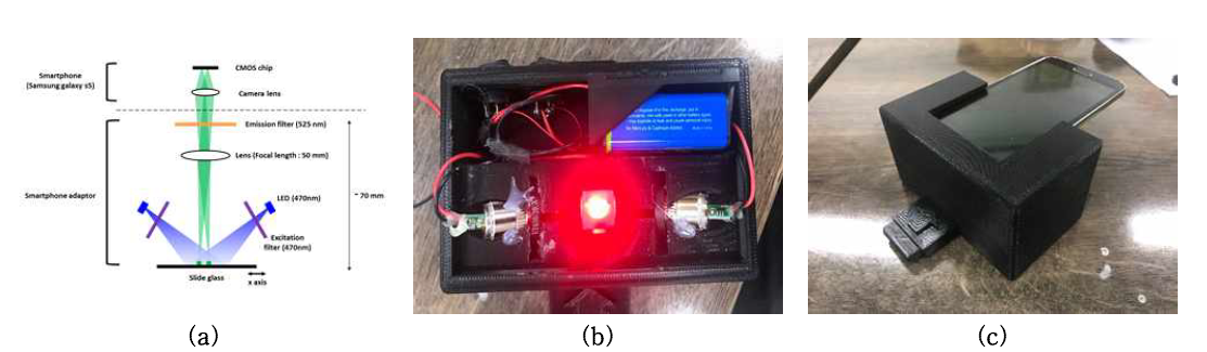 (a) 범용 광원 센서를 이용한 마이크로어레이 스케너 구조도 및 (b) 프로토타입 개발품 (c) 핸드폰 장착 모습