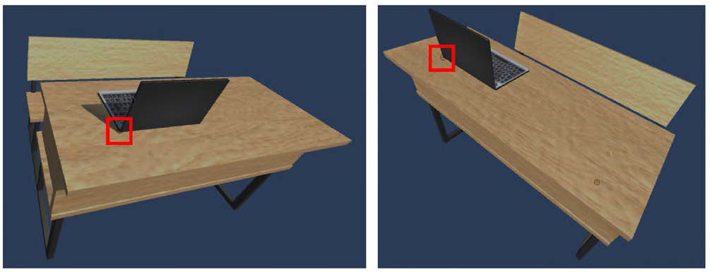 (왼쪽) 첫 번째 카메라에 찍힌 2D 이미지에서의 추정하고자 하는 위치，(오른쪽) 두 번째 카메라에 찍힌 2D 이미지에서의 추정하고자 하는 위치.
