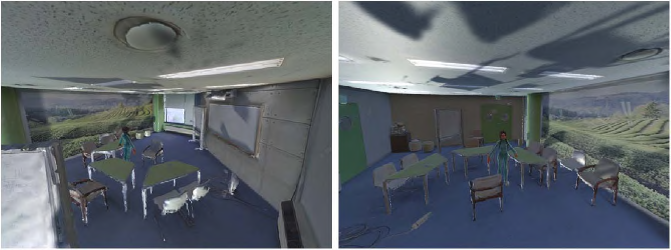 (왼쪽) 첫 번째 카메라 (CCTV)에서 찍힌 2D 이미지，(오른쪽) 두 번째 카메라 (CCTV) 에서 찍힌 2D 이미지.